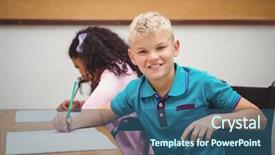  Presentation with elementary school - Presentation design with learning disabilities - smiling student sitting in wheelchair background and a ocean colored foreground
