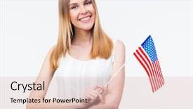  Presentation with flag - Presentation with learning english - happy young businesswoman holding us background and a lemonade colored foreground