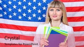  Presentation with america flag - Theme with learning english - young woman on the background background and a coral colored foreground