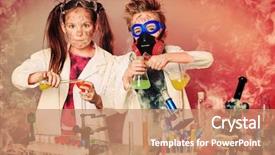 Presentation with children education - Cool new PPT theme with learning experience - two children making science experiments backdrop and a coral colored foreground
