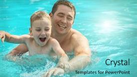 Presentation with water sun - Beautiful slide deck featuring father and son funny in water pool under sun light at summer day leisure and swimming at holidays backdrop and a seafoam green colored foreground