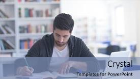  Presentation with library research - Slide set with learning lessons in school library background and a light blue colored foreground