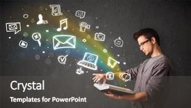  Presentation with multimedia - Cool new PPT theme with learning media - young guy reading a book backdrop and a dark gray colored foreground