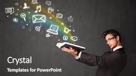  Presentation with multimedia - Cool new PPT theme with learning mobile - businessman reading a book backdrop and a dark gray colored foreground