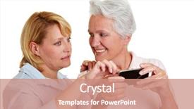  Presentation with smartphone - PPT layouts featuring learning mobile - woman explaining smiling senior woman background and a coral colored foreground