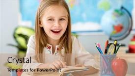  Presentation with child girl reading a book - PPT layouts enhanced with learning point - little pretty blond girl sitting background and a coral colored foreground