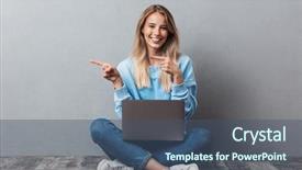 Presentation with cheerful stylish city girl using - PPT theme enhanced with learning point - pretty young blonde girl using background and a ocean colored foreground