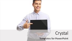  Presentation with computer - Slides with learning point - young man holding a laptop background and a light gray colored foreground