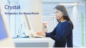  Presentation with university - Colorful presentation enhanced with learning stations - young student working on computer backdrop and a  colored foreground