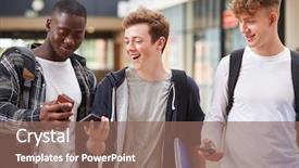  Presentation with college students - Slide set with learning together - three male college students reading background and a violet colored foreground