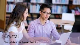  Presentation with library - Colorful presentation enhanced with learning together - two young students backdrop and a  colored foreground