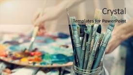  Presentation with selective vision - Presentation theme consisting of learning tools - palette brushes paints selective focus background and a mint green colored foreground