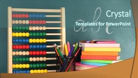  Presentation with school desk - Beautiful PPT theme featuring learning tools - toy abacus books and pencils backdrop and a ocean colored foreground