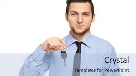  Presentation with car key - Beautiful presentation design featuring leasing manager - man in office wear holding backdrop and a light blue colored foreground