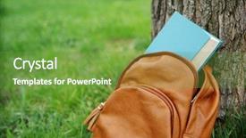  Presentation with backpack - Colorful slide deck enhanced with leather backpack with book on green grass outdoors backdrop and a seafoam green colored foreground