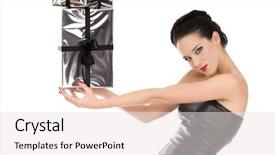  Presentation with black woman - Slides having leather corset holding christmas presents background and a sky blue colored foreground