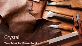  Presentation with leather craft - Colorful slide set enhanced with leather craft or leather working large beautifully colored or tanned leather on leather craftman's work desk backdrop and a wine colored foreground