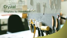  Presentation with workshop tools - Theme having leather crafting tools in workshop background and a soft green colored foreground