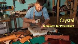  Presentation with craftsman - PPT layouts consisting of leather craftsman working with natural leather using hammer handbag master at work in local workshop handmade concept background and a tawny brown colored foreground