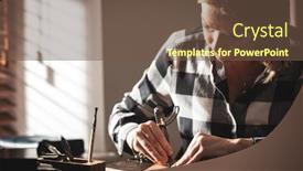  Presentation with craftsman - Colorful presentation design enhanced with leather-handbag-craftsman-at-work backdrop and a tawny brown colored foreground