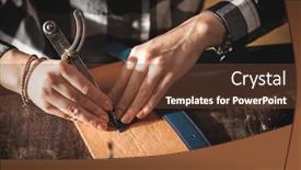  Presentation with craftsman - PPT theme having leather-handbag-craftsman-at-work background and a tawny brown colored foreground