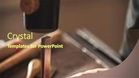  Presentation with craftsman - Presentation design with leather-handbag-craftsman-at-work background and a tawny brown colored foreground