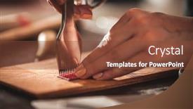  Presentation with craftsman - Audience pleasing presentation design consisting of leather-handbag-craftsman-at-work backdrop and a tawny brown colored foreground