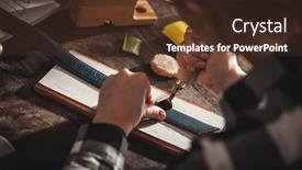  Presentation with craftsman - Beautiful PPT layouts featuring leather-handbag-craftsman-at-work backdrop and a tawny brown colored foreground