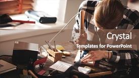  Presentation with craftsman - Slide deck consisting of leather handbag craftsman at work background and a violet colored foreground