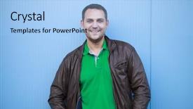  Presentation with full length portrait two men women brown sweater - Amazing PPT theme having leather jacket against a blue backdrop and a  colored foreground