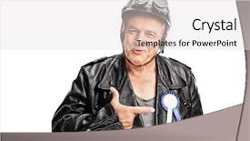  Presentation with blue award - Colorful slide deck enhanced with leather jacket isolated on white backdrop and a light gray colored foreground
