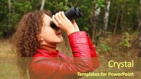  Presentation with girl in red dress - Cool new slide deck with leather jacket looks through binoculars backdrop and a tawny brown colored foreground