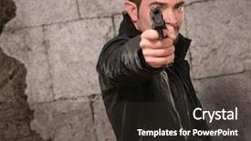  Presentation with old man - Presentation theme with leather jacket pointing with gun background and a dark gray colored foreground