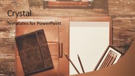  Presentation with wood carving tools - Amazing PPT theme having business essentials - luxurious writing tools backdrop and a coral colored foreground