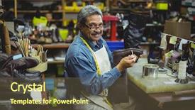  Presentation with glue - Cool new theme with leather shoes - portrait of smiling shoemaker applying backdrop and a tawny brown colored foreground