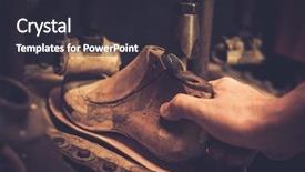  Presentation with press - PPT layouts enhanced with leather shoes - vintage shoe insole forming press background and a dark gray colored foreground