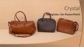  Presentation with leather bag - PPT theme having leather three bag for man isolated on wooden background background and a coral colored foreground