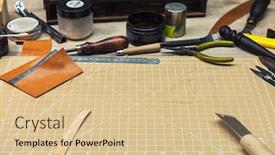  Presentation with leather craft work table - Amazing PPT theme having leathermaker-s-work-desk-tools backdrop and a lemonade colored foreground