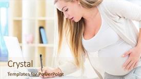  Presentation with pregnant woman - Slide deck consisting of three beautiful purple tulips next to a stack of wood background and a violet colored foreground.