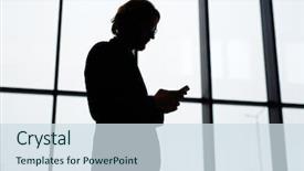  Presentation with smartphone - PPT theme featuring leave message - silhouette of contemporary businessman background and a sky blue colored foreground
