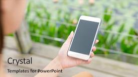  Presentation with leave - PPT theme enhanced with leave message - woman hold with mobile phone background and a soft green colored foreground