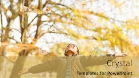  Presentation with drop - Colorful slides enhanced with leaves drop onto a little boy with outstretched arms on an autumns day backdrop and a yellow colored foreground