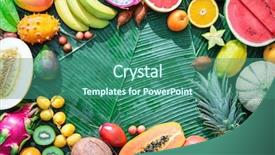  Presentation with fruit tree - Amazing PPT theme having leaves of palm tree backdrop and a ocean colored foreground