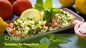  Presentation with olive oil - Presentation design featuring lebanese-tabbouleh-salad-with-bulgur background and a tawny brown colored foreground