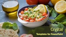  Presentation with olive oil - Presentation consisting of lebanese-tabbouleh-salad-with-bulgur background and a tawny brown colored foreground