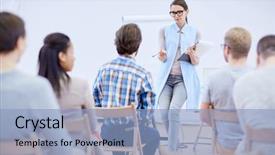  Presentation with parent teacher conference pencil crayons - Amazing presentation theme having lecture 1 - confident female speaker with document backdrop and a light blue colored foreground