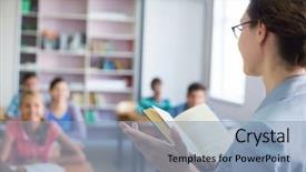 Presentation with diverse elementary students in classroom - Slide set featuring lecture hall - group of students listening background and a light blue colored foreground