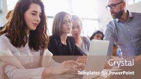  Presentation with group of students raising hands - Presentation design with lecturer and multinational group of students in an auditorium background and a coral colored foreground