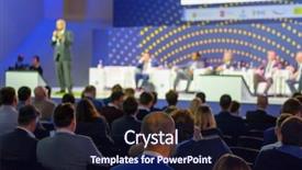  Presentation with audience - Colorful slide deck enhanced with lecturer at the conference hall backdrop and a navy blue colored foreground