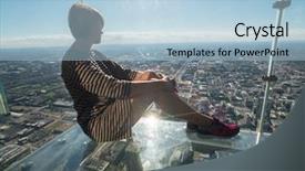  Presentation with skyscraper - Presentation theme featuring ledge - tourists posing on a glass background and a light blue colored foreground
